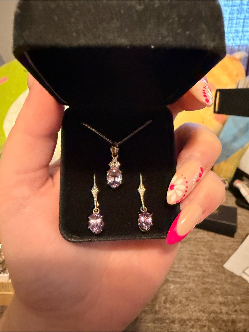 Sterling Silver Amythest Crystal Pendant Necklace and Earrings Set